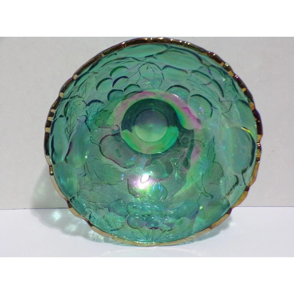 Vintage‎ Glass Fruit Bowl Iridescent Teal Green Scalloped Embossed 8 inch